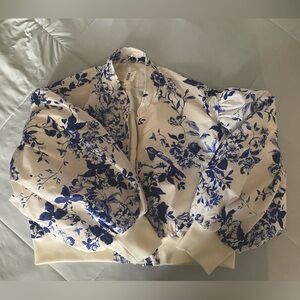 Anthropologie Cropped Bomber Jacket Blue Motif